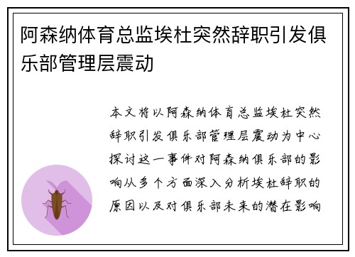 阿森纳体育总监埃杜突然辞职引发俱乐部管理层震动
